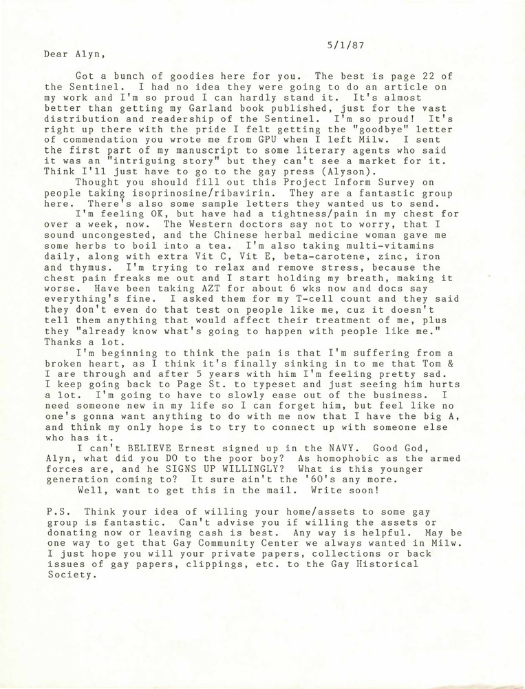 Download the full-sized PDF of Correspondence from Lou Sullivan to Alyn Hess (May 1, 1987)