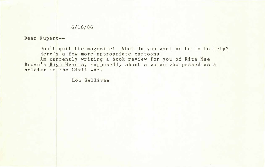 Download the full-sized PDF of Correspondence from Lou Sullivan to Rupert Raj (June 16, 1986)