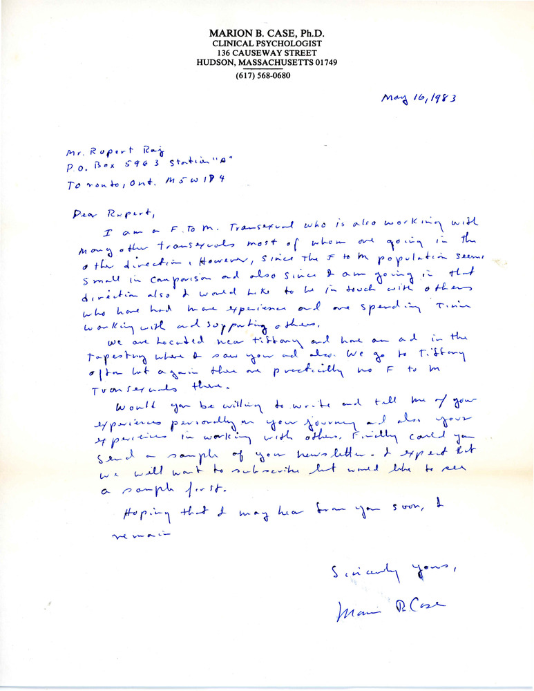 Download the full-sized PDF of Letter from Dr. Marion B. Case to Rupert Raj (May 16, 1983)