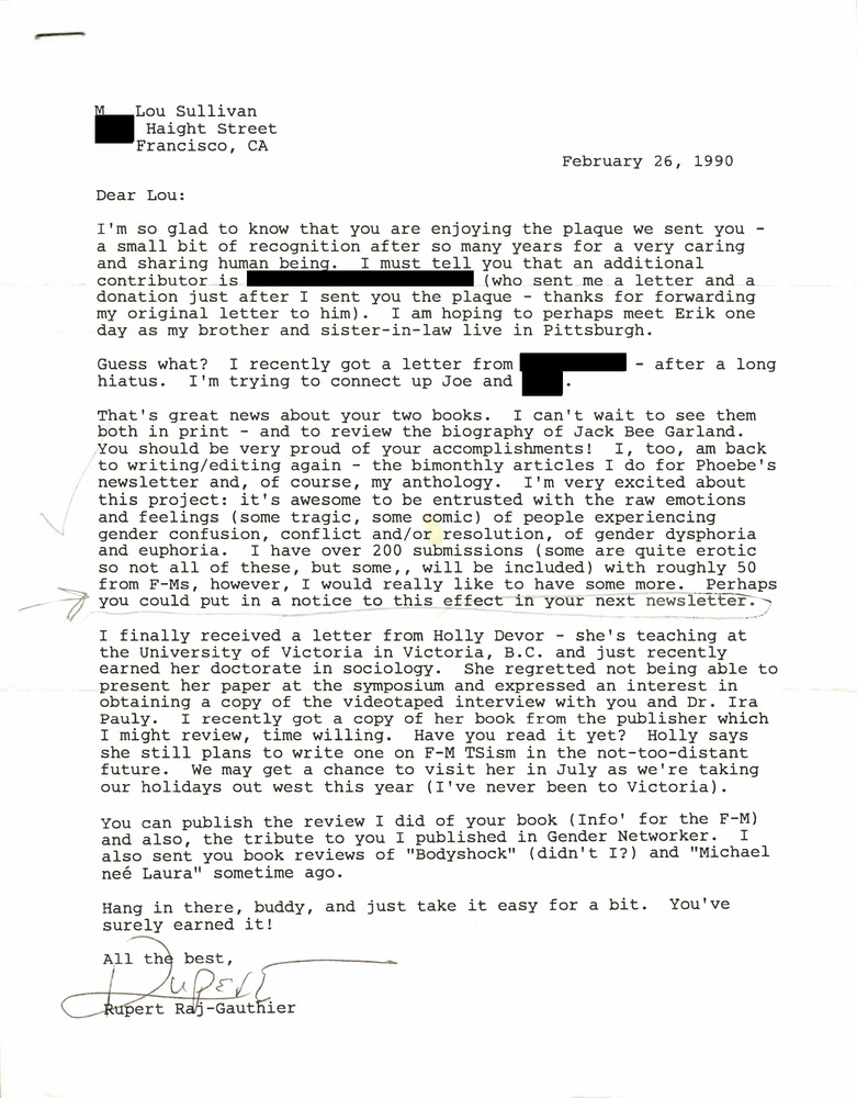 Download the full-sized PDF of Correspondence from Rupert Raj to Lou Sullivan (February 26, 1990)
