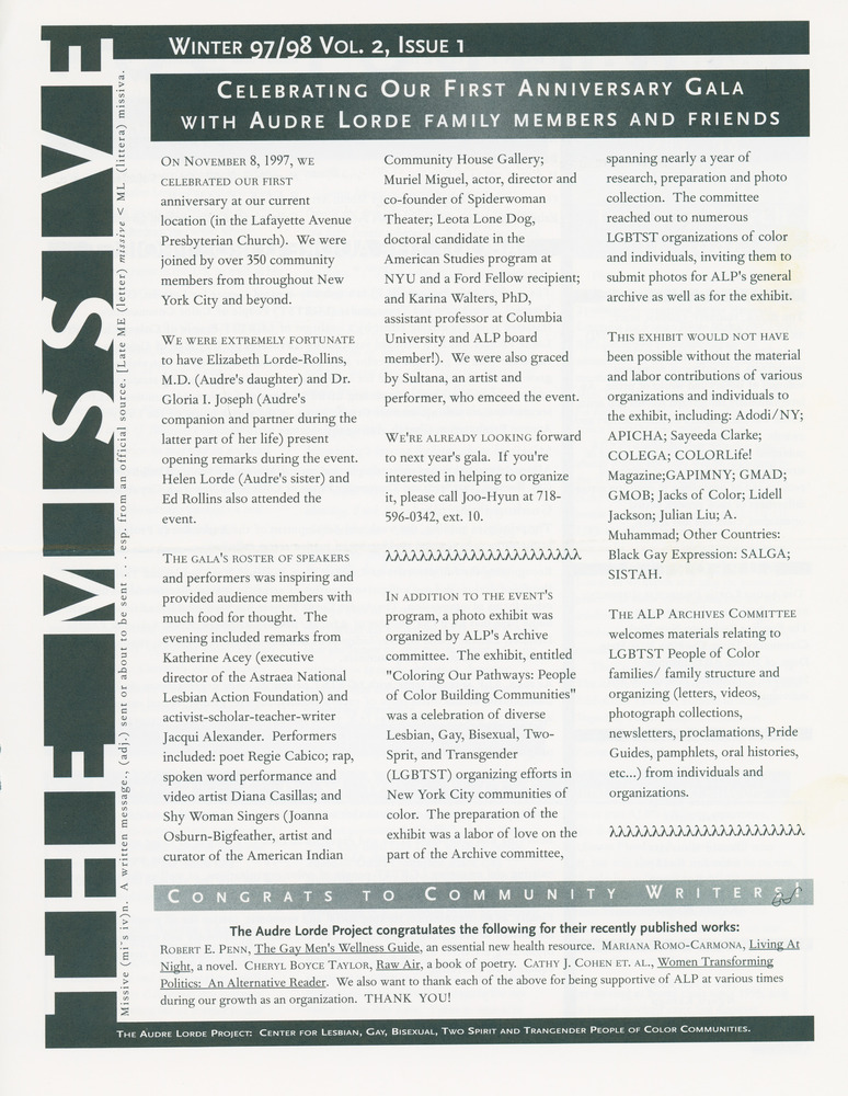 Download the full-sized PDF of The Missive, Vol. 2 Issue 1 (Winter 1997/1998)