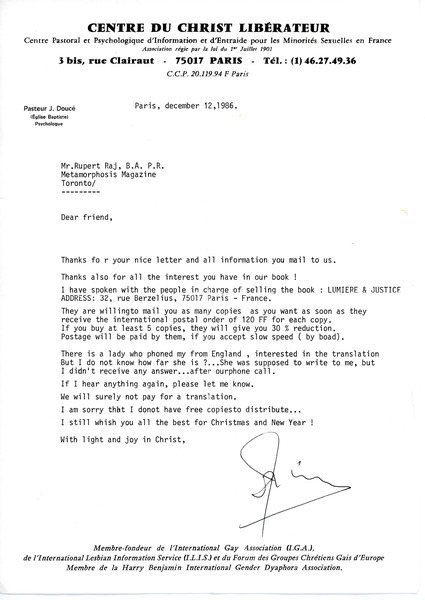 Download the full-sized image of Letter from Pastor J. Doucé to Rupert Raj (December 12, 1986)