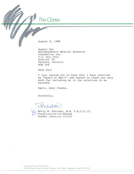 Download the full-sized image of Letter from Betty W. Steiner to Rupert Raj (August 4, 1988)