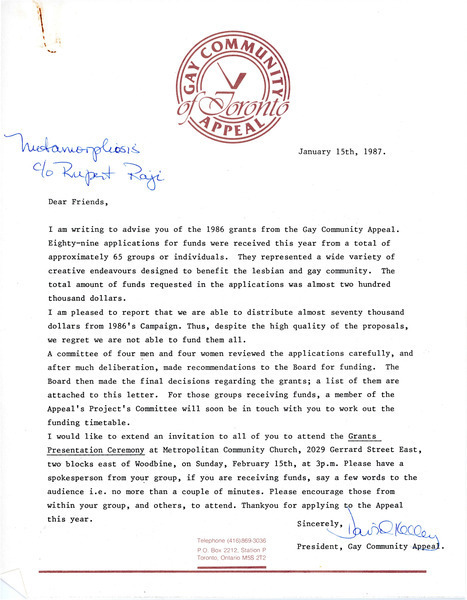 Download the full-sized image of Letters from the Gay Community Appeal of Toronto to Rupert Raj (January 15, 1987)