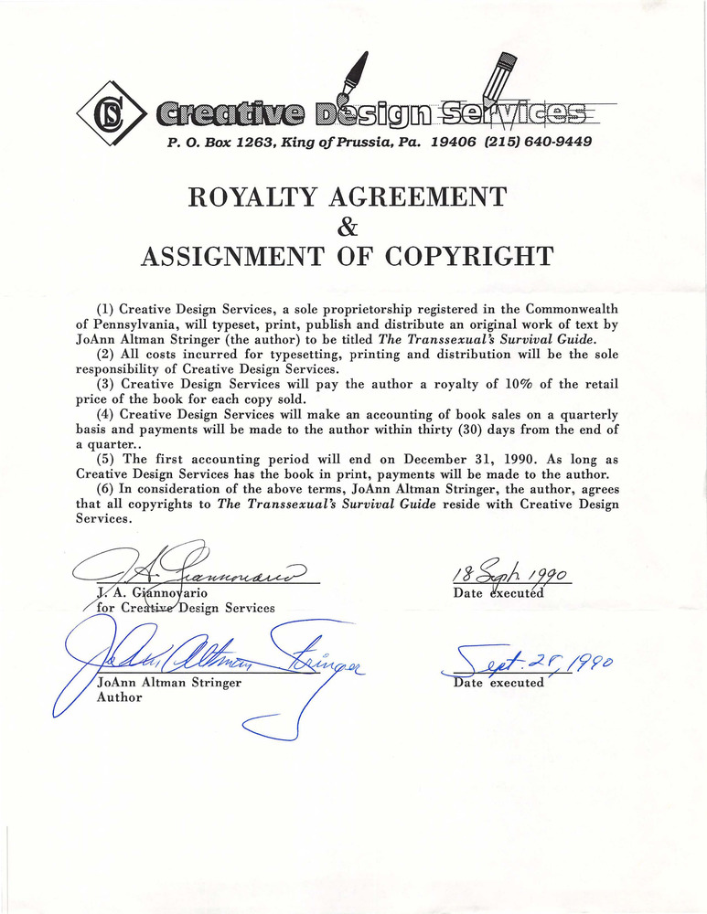 Download the full-sized PDF of Royalty Agreement & Assignment of Copyright for The Transsexual's Survival Guide