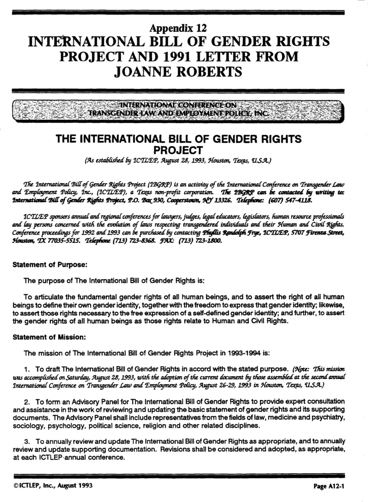 Download the full-sized PDF of Appendix 12: International Bill of Gender Rights Project and 1991 Letter from JoAnn Roberts