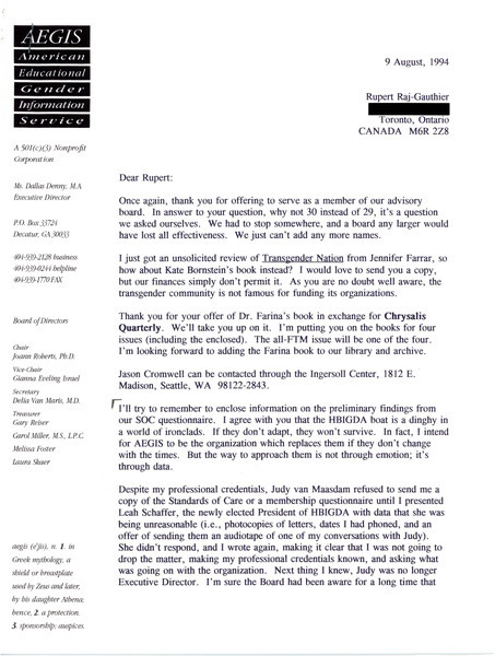 Download the full-sized image of Letter from Dallas Denny to Rupert Raj (August 9, 1994)