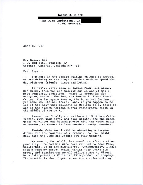 Download the full-sized image of Letter from Joanna M. Clark to Rupert Raj (June 8, 1987)