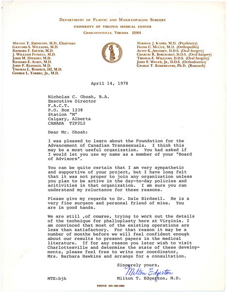 Download the full-sized image of Letter from Milton T. Edgerton to Rupert Raj (April 14, 1978)