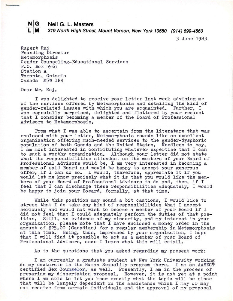 Download the full-sized PDF of Letter from Neil G.L Masters to Rupert Raj (June 3, 1983)