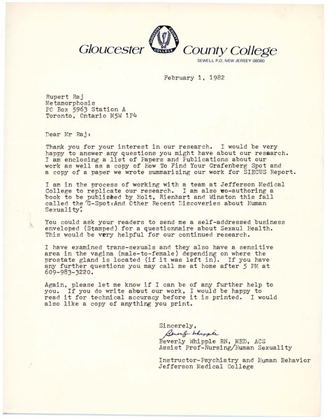 Download the full-sized image of Letter from Beverly Whipple to Rupert Raj (February 1, 1982)