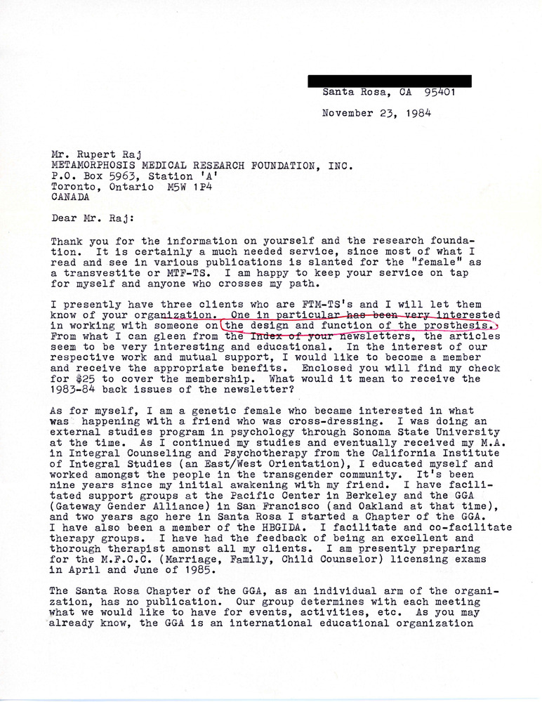 Download the full-sized PDF of Letter from Maria Scafidi to Rupert Raj (November 23, 1984)