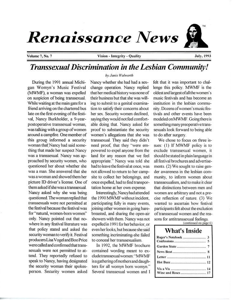 Download the full-sized PDF of Renaissance News, Vol. 7 No. 7 (July 1993)