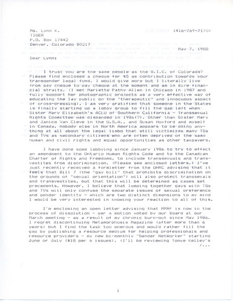 Download the full-sized image of Letter from Rupert Raj to Lynn K. (May 7, 1988)