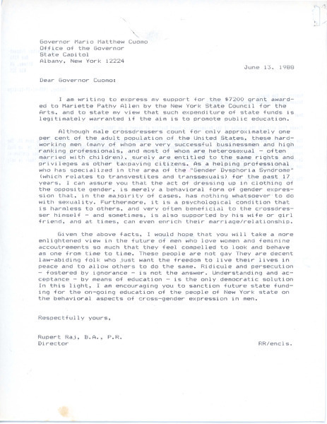 Download the full-sized image of Letter from Rupert Raj to Governor Mario Matthew Cuomo (June 13, 1988)