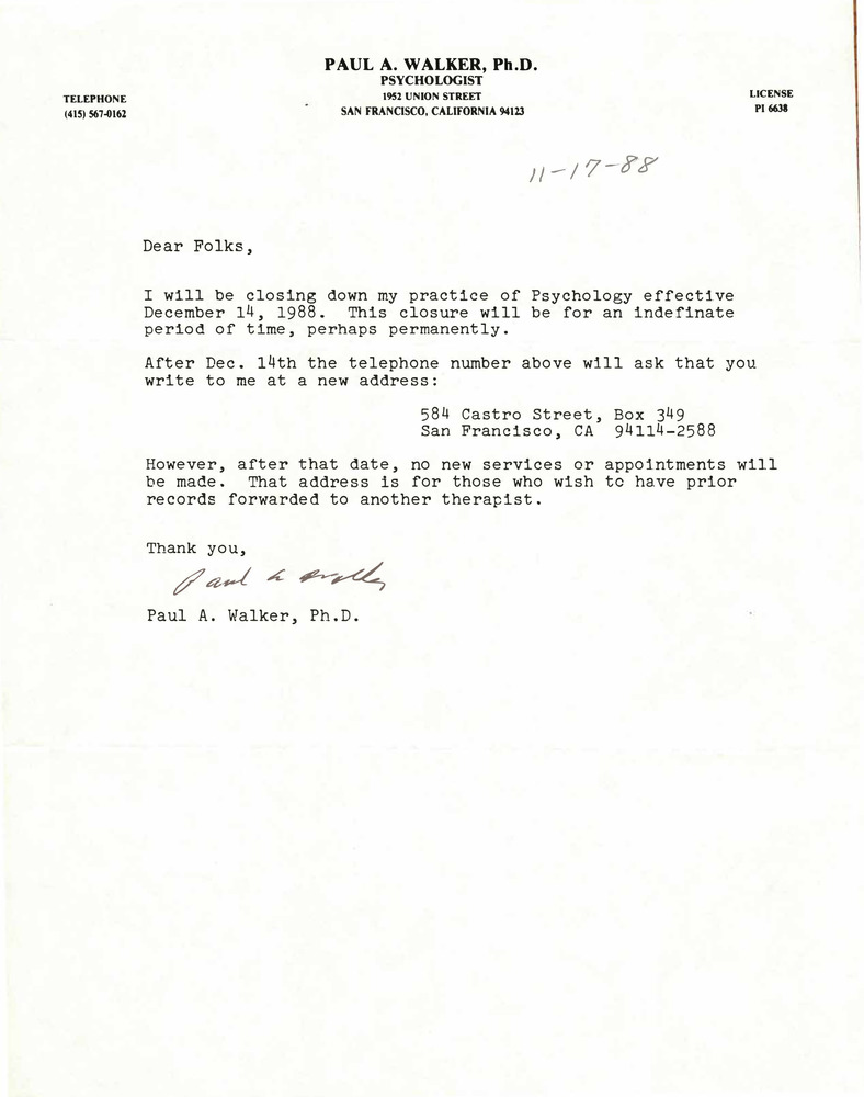 Download the full-sized PDF of Correspondence from Paul Walker to Lou Sullivan (November 17, 1988)