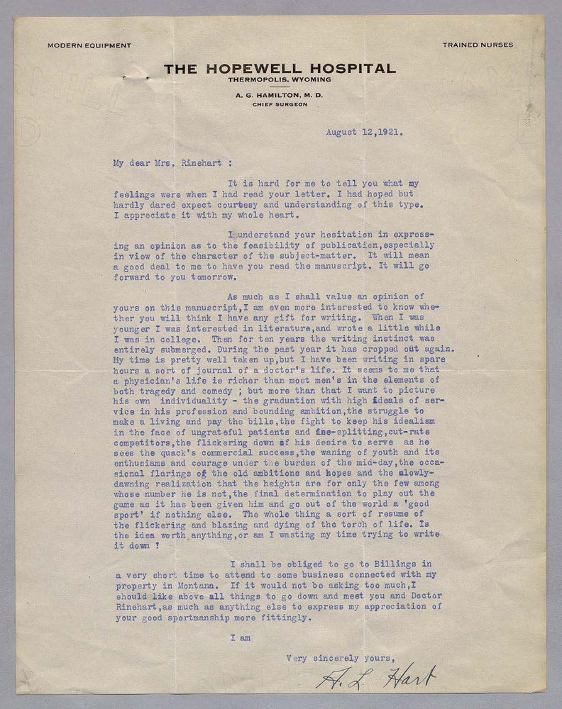Download the full-sized PDF of Letter from Alan Hart to Mary Roberts Rinehart, August 12, 1921