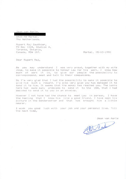 Download the full-sized image of Letter from Jean Van Aarle to Rupert Raj (March 5, 1990)