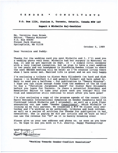 Download the full-sized image of Letter from Rupert Raj to Veronica Jean Brown (October 6, 1989)