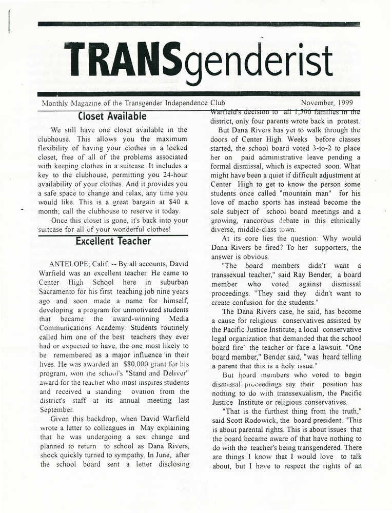 Download the full-sized PDF of The Transgenderist (November, 1999)