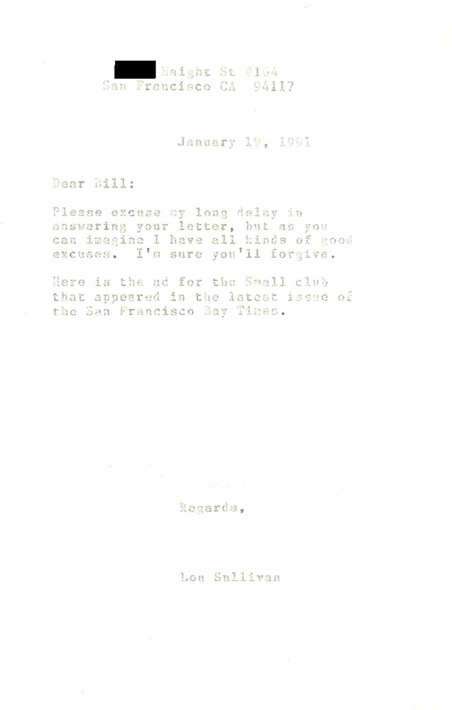 Download the full-sized PDF of Correspondence from Lou Sullivan to William Henkin (January 19, 1991)