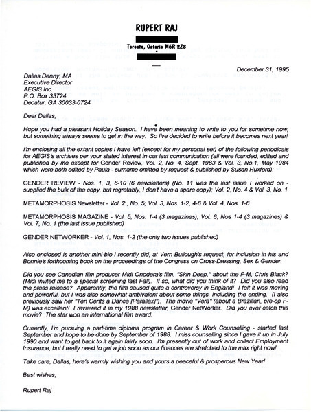 Download the full-sized image of Letter from Rupert Raj to Dallas Denny (December 31, 1995)