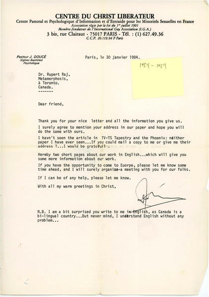 Download the full-sized image of Letter from Pastor J. Doucé to Rupert Raj (January 30, 1984)