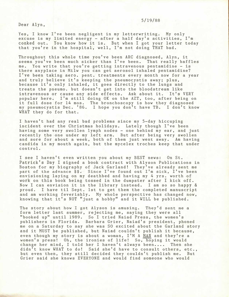 Download the full-sized PDF of Correspondence from Lou Sullivan to Alyn Hess (May 19, 1988)