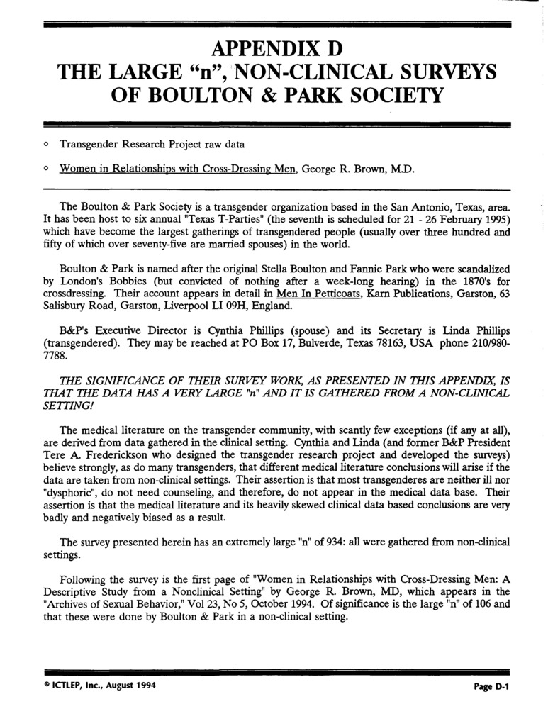 Download the full-sized PDF of Appendix D: The Large "n", Non-Clinical Surveys of Boulton & Park Society