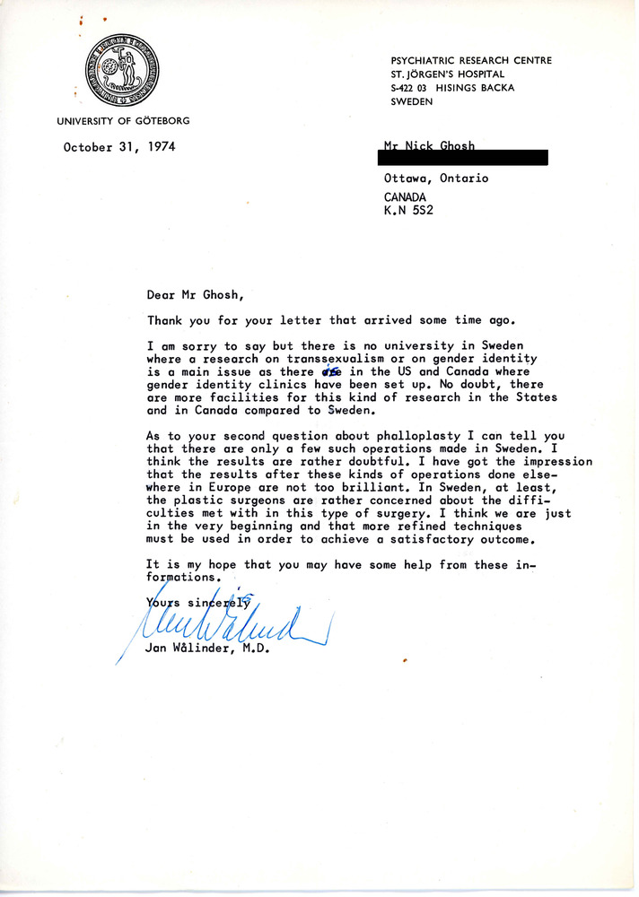 Download the full-sized PDF of Letter from Jan Wålinder to Rupert Raj (October 31, 1974)