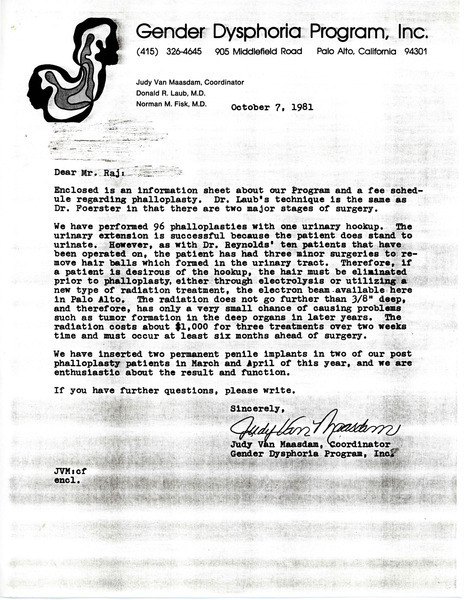 Download the full-sized image of Letter from Judy Van Maasdam to Rupert Raj (October 7, 1981)
