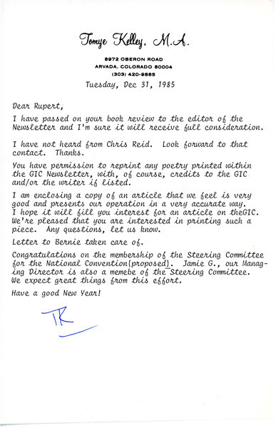 Download the full-sized image of Letter from Tomye Kelley to Rupert Raj (December 31, 1985)