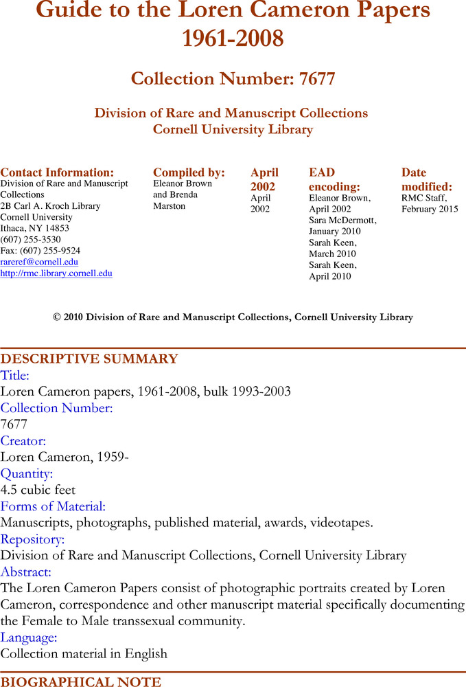 Download the full-sized PDF of Guide to the Loren Cameron Papers, 1961-2008