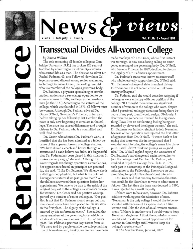 Download the full-sized PDF of Renaissance News & Views, Vol. 11 No. 8 (August 1997)