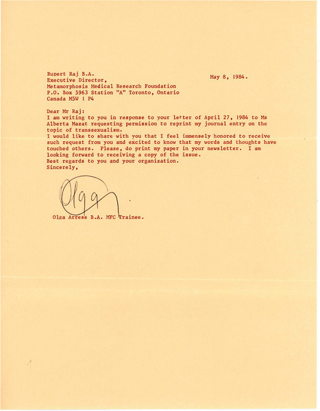 Download the full-sized image of Letter from Olga Arrese to Rupert Raj (May 8, 1984)