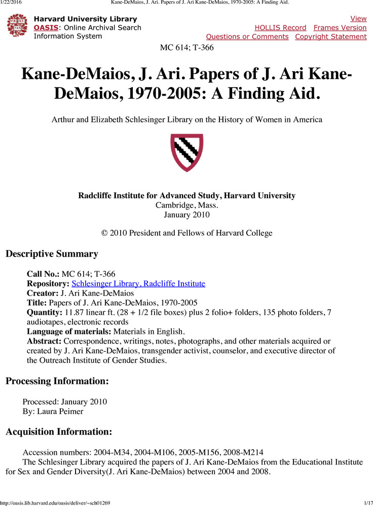 Download the full-sized PDF of Papers of J. Ari Kane-DeMaios, 1970-2005