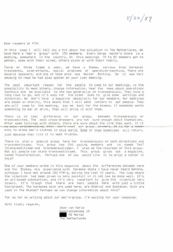 Download the full-sized PDF of Correspondence from Jean Aarle to Lou Sullivan (August 30, 1989)