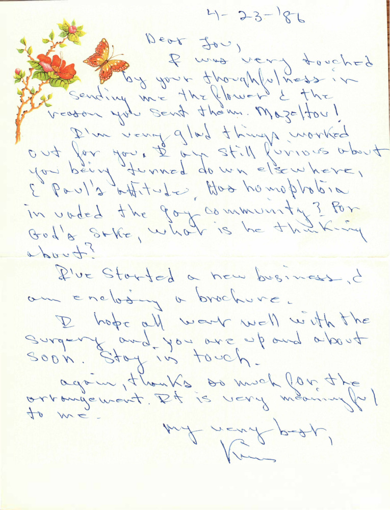 Download the full-sized PDF of Correspondence from Kim Stuart to Lou Sullivan (April 23, 1986)