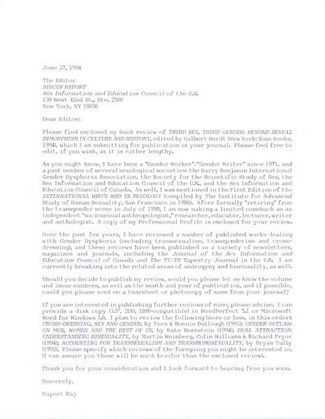 Download the full-sized image of Letter from Rupert Raj to Editors of SIECUS (June 27, 1994)