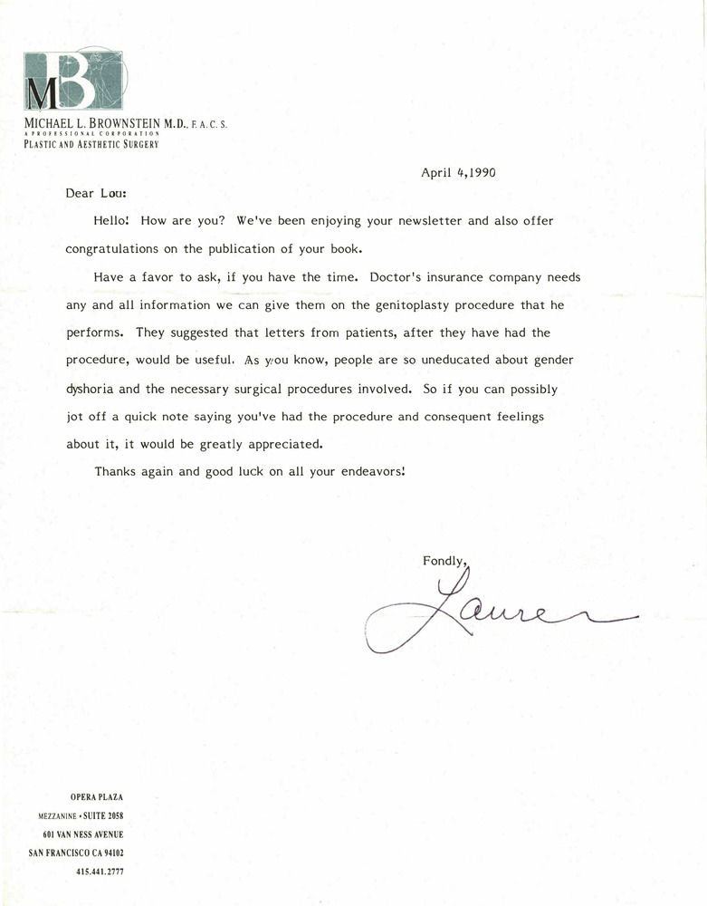 Download the full-sized PDF of Correspondence from Lauren to Lou Sullivan (April 4, 1990)