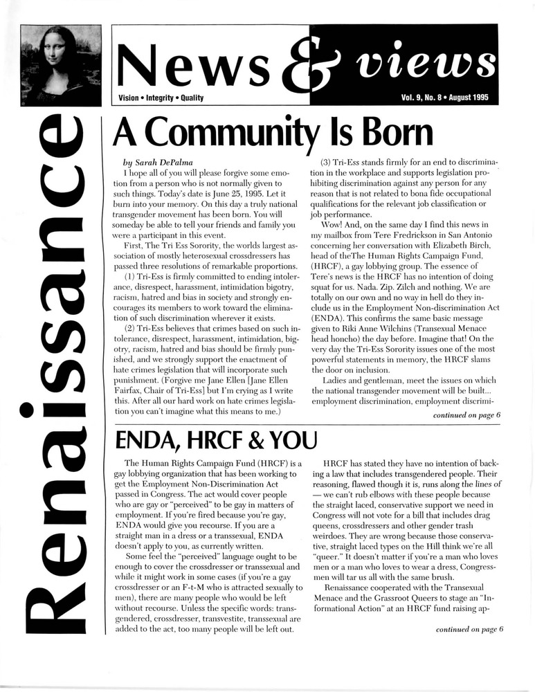 Download the full-sized PDF of Renaissance News & Views, Vol. 9 No. 8 (August 1995)