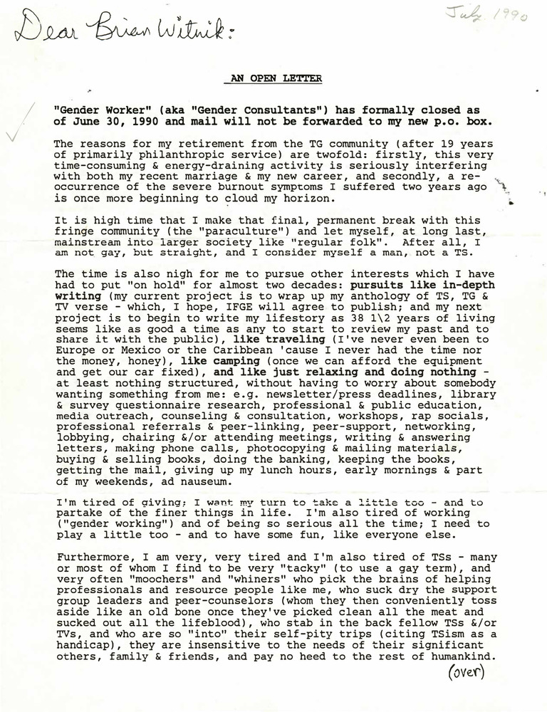 Download the full-sized PDF of Correspondence from Rupert Raj-Gauthier to Brian Witnik (July 1990)