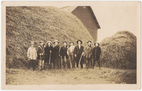 Download the full-sized image of Male impersonators with rakes and pitchforks by hay mounds