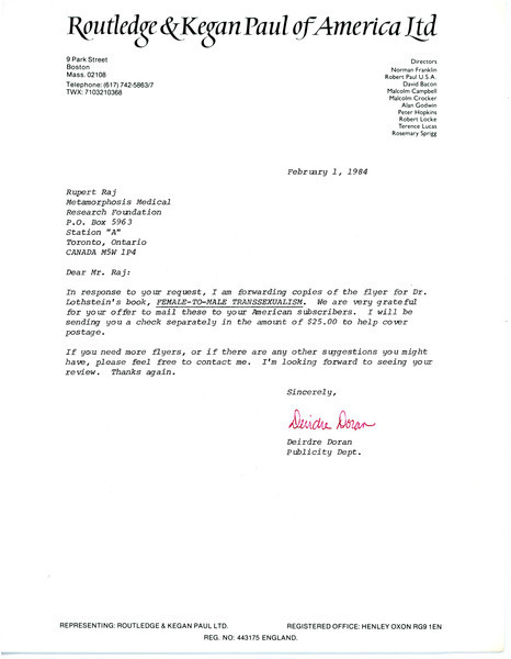 Download the full-sized image of Letter from Deirdre Doran to Rupert Raj (February 1, 1984)