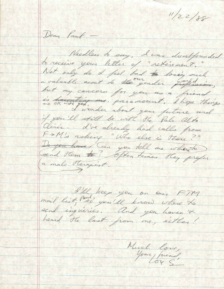 Download the full-sized PDF of Correspondence from Lou Sullivan to Paul Walker (November 22, 1988)