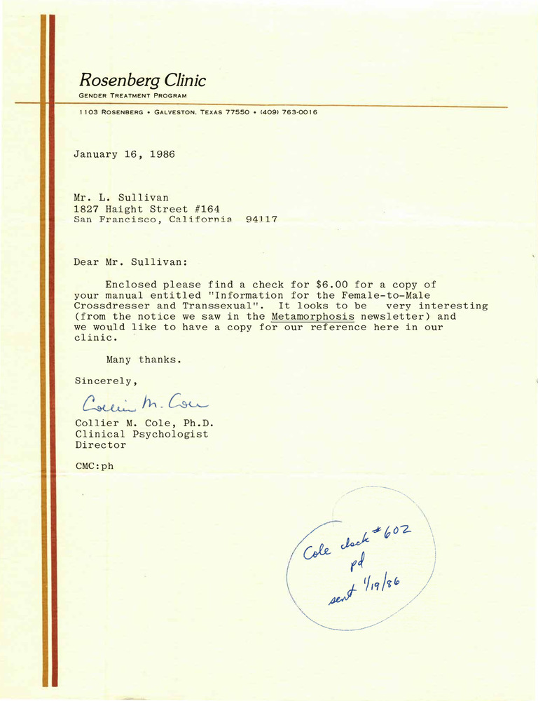 Download the full-sized PDF of Correspondence from Collier Cole to Lou Sullivan (January 16, 1986)