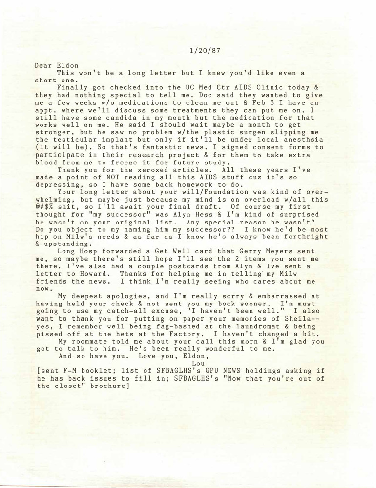 Download the full-sized PDF of Correspondence from Lou Sullivan to Eldon Murray (January 20, 1987)