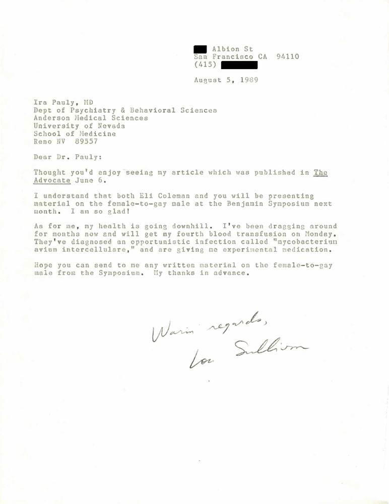 Download the full-sized PDF of Correspondence from Lou Sullivan to Ira Pauly (August 5, 1989)