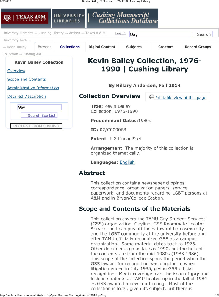 Download the full-sized PDF of Kevin Bailey Collection, 1976-1990