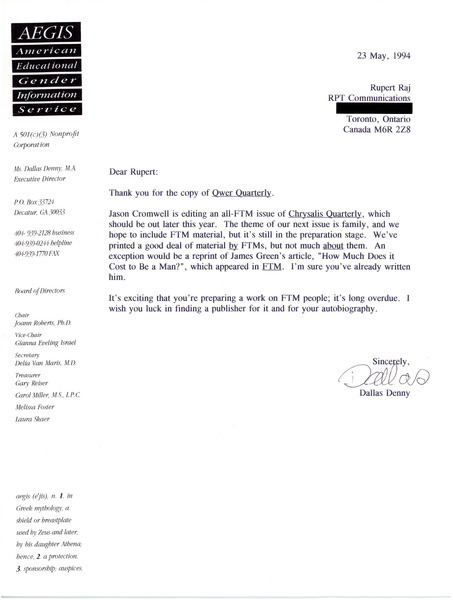 Download the full-sized image of Letter from Dallas Denny to Rupert Raj (May 23, 1994)